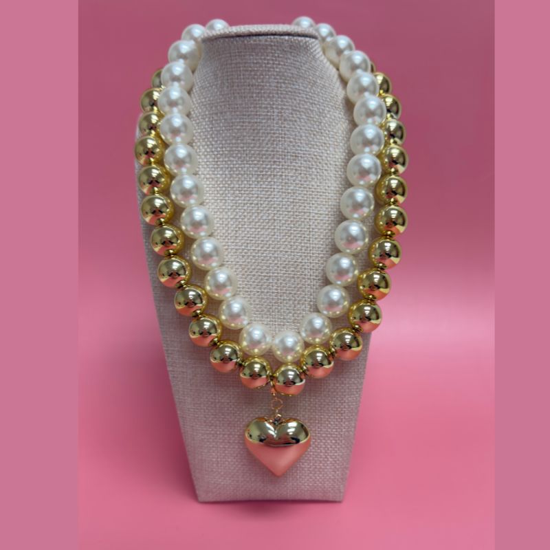 Gold Heart Pendant and Pearl Necklace