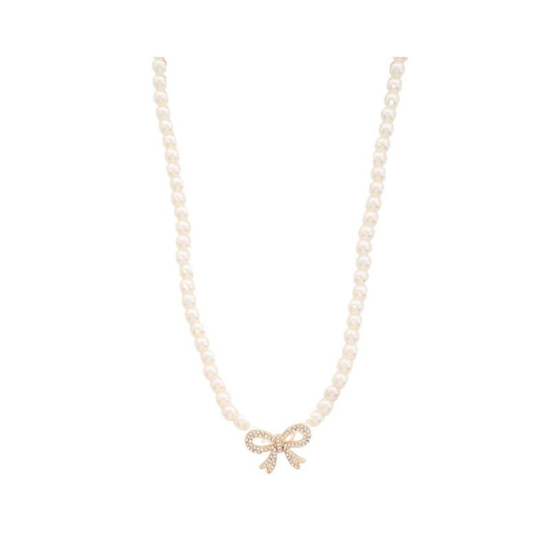Pearl Rhinestone Ribbon Bow Necklace