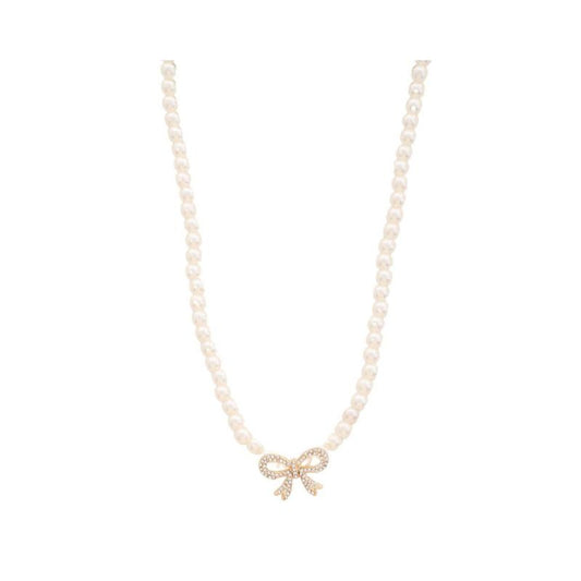 Pearl Rhinestone Ribbon Bow Necklace